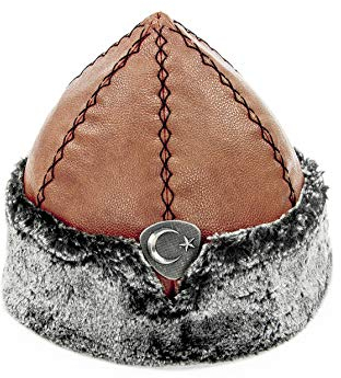 Miss Tesettür Turkish Ottoman Bork Hut, Ertugrul Leder Pelz-Winter-Cap, Mond und Stern, Grau-Pelz-und braunes Kunstleder