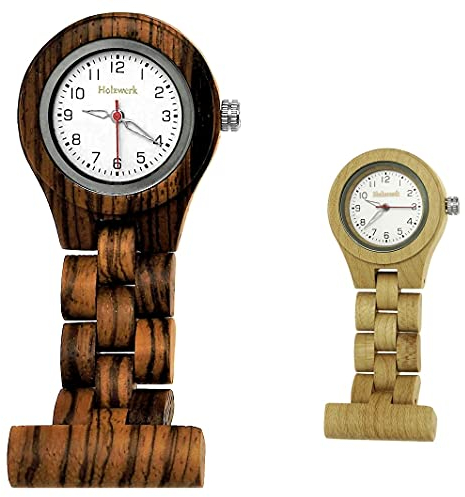 Holzwerk Germany Handgefertigte Schwestern-Uhr Taschen-Uhr Ansteck-Uhr Puls-Uhr Kittel-Uhr Pflegeuhr-Uhr Öko Natur Holz-Uhr Braun Weiß Zebra Krankenschwester-Uhr (Taschenuhr-Braun)