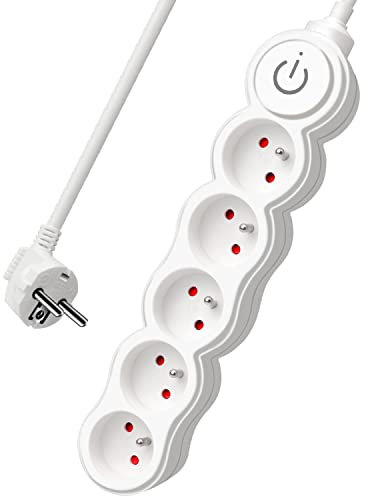 EXTRASTAR Bloc Multiprises 5 Prises avec Interrupteur, Rallonge 3 m 250 V avec sécurité Enfant, Blanc