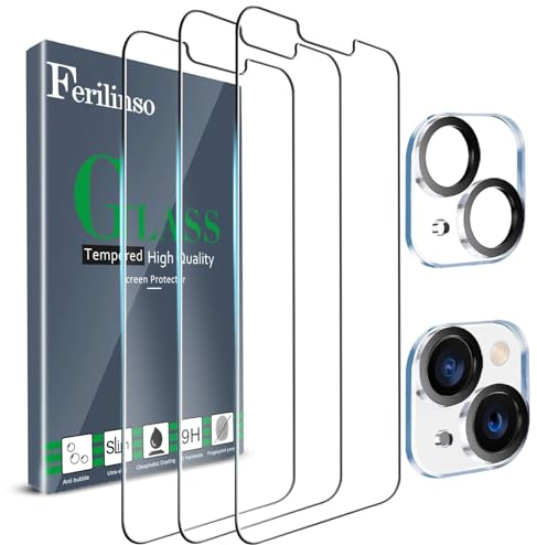 Ferilinso Verre Trempé Conçu pour iPhone 13 Mini, 3 Pièces HD Film Vitre Protection écran avec 2 Pièces Caméra Arrière Protecteur, Coque Amical, Dureté 9H, 5.4 Pouces 5G, Sans Bulles