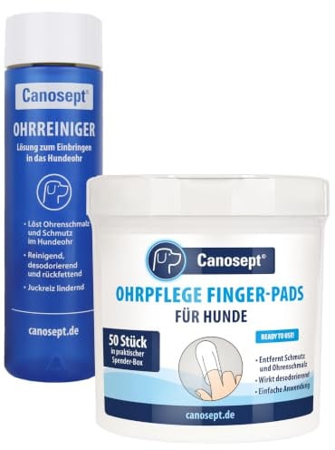 Canosept Ohrpflege Set: Ohrreiniger für Hunde 125ml + Ohrpflege Finger-Pads für Hunde 50 Stück - Ohrreiniger für Hunde, Hunde Ohrenreinger, Ohrentropfen für Hunde
