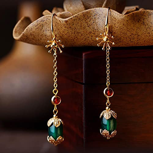 LOKILOKI Nuovi Eleganti Orecchini Pendenti da Donna, Orecchini A Battente Vintage con Pietre Rosse Lunghi, Nuovi Orecchini Etnici in Pietra Verde Naturale