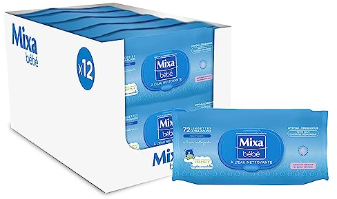 Mixa Bébé Lingettes à l'Eau Nettoyante - Peaux Délicates Nourrissons - Tolérance Optimale - Hypoallergéniques - Lingettes Compostables - Fibres d’Origine Végétales - Lot de 12 x 72, 864 lingettes