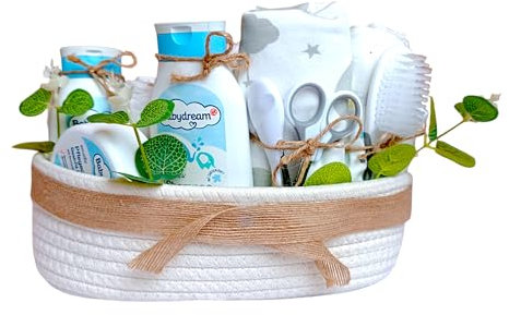 Babypflege-Geschenkset, Weiße Aufbewahrungskorb mit Schleife, Baby-Badezubehör und Pflegeprodukte, 8-teilig