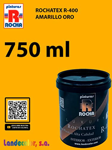 PINTURAS ROCHA ROCHATEX R-400, Pintura plástica de muy altas prestaciones para interior y exterior, Super resistente a las manchas, agua y agentes atmosféricos, Amarillo oro, 750ml