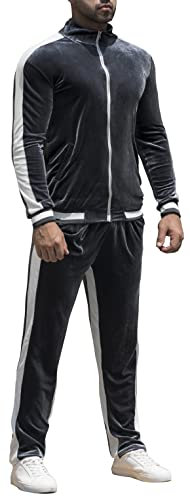 RPOVIG Velours-Trainingsanzug Sweatsuit Samt: Herren-Jogging-Trainingsanzug, 2-teiliges Set, Reißverschluss, Sweatshirts, Jacke, Hose mit Taschen, GRAU, XX-Large