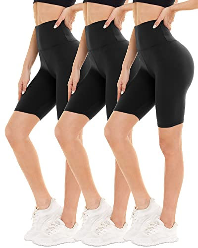 DDOBB Damen Radlerhose High Waist Kurze Sporthose Bauchweg Shorts Blickdicht Knielang Sportshorts Unterhosen Leggings Sommer für Sport Yoga Gym(D-Schwarz*3, S-M)