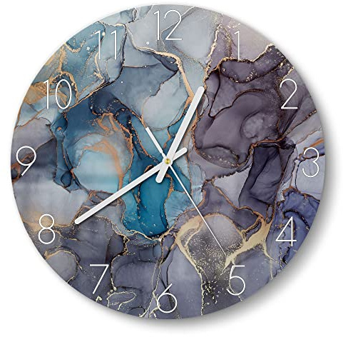 DEQORI Glasuhr | rund Ø 30 cm | Motiv Stilvoller Tinteneffekt | ausgefallene leise Design Uhr aus Glas | Wanduhr für Wohnzimmer & Küche | moderne Hingucker Uhr für die Wand
