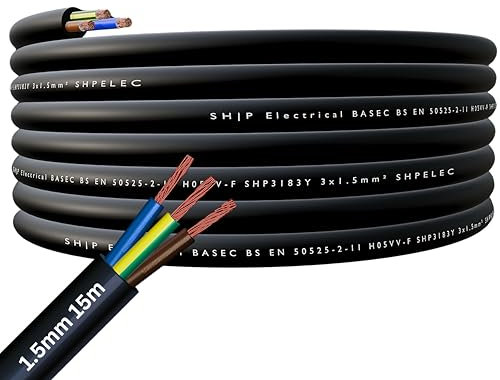 SHPELEC® FLEXIBLE Black Cable 3183Y 0.75mm, 1.0mm, 1.5mm, 2.5mm BASEC Approved Black PVC LED Lighting 5m 10m 15m 20m 50m (1.5mm 3 Core - 15metres)