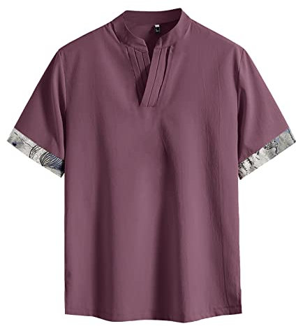 Herren Kurzarm Hemd Sommer Freizeithemd Kuba Hawaiihemd mit Stehkragen V Neck Herren Top(Red,3XL)