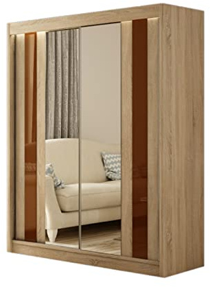 Margaret Hadas24 Kleiderschrank Cosmo 150 cm mit Spiegel, Mehrzweckschrank, Schwebetürenschrank, Garderobenschrank, Kleiderstange, Kleiderständer,Flurschrank, Schrank,2-türig, braun,lacobel Schokolade