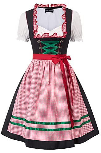 SCARLET DARKNESS Damen Trachtenkleid 3tlg Knielang Dirndl Midi Kleid Kariertes Kostüm für Oktoberfest L Rot Plaid