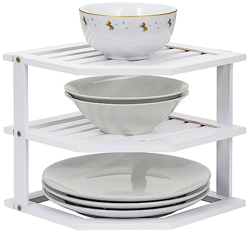 Taylor & Brown Bamboo Cabinet Shelf Organiser - 3 Tier Corner Shelf for Kitchen & Bathroom Countertop Cabinet Organiser Plate Rack Tidy Cupboard Shelf Insert Storage Organisation (White)