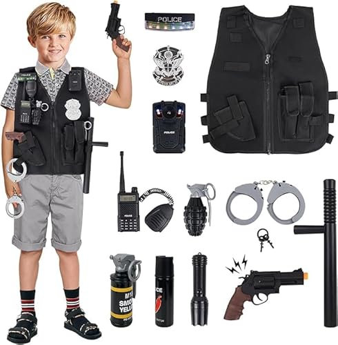 RedCrab Kids Police Costume Set, 14Pcs Pretend Play Police Officer Uniform with Vest, Walkie-talkie, Handcuffs, Dress Up Role Play Set for 3-12 Kid Toddlers Boys Girls