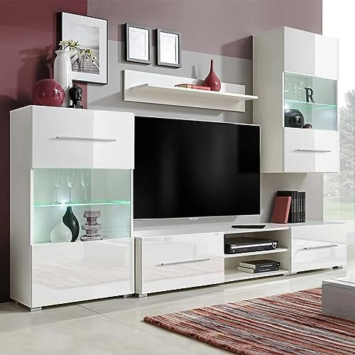 Hommdiy TV-Schrank mit LED-Beleuchtung,Hochglanz-Wohnwand TV/Medien, Fünfteilige Wohnwand,Weiß/Schwarz (Weiß)
