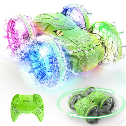 DEERC Bateau de Voiture amphibie télécommandé, Camion Monstre télécommandé 4 Roues motrices, Voiture de Cascade RC Crocodile, Jouets de Voiture RC Tout Terrain, Jouet de Piscine étanche pour Enfants