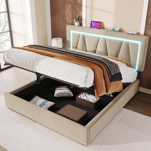 Merax Polsterbett 140 x 200 cm mit LED und USB Typ C Ladefunktion, Hydraulisch Doppelbett Bettgestell mit Lattenrost & Bettkasten & Einstellbar Kopfteil, Stauraumbetten, Leinen, ohne Matratze, Beige