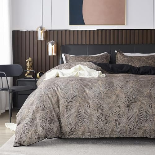 Nayoroom Bettwäsche 135x200 4teilig Braun Schwarz Blätter Muster Microfaser Bettbezug Vintage Wende Bettwäsche 2er Set mit Reißverschluss and 2 x Kissenbezug 80x80 cm