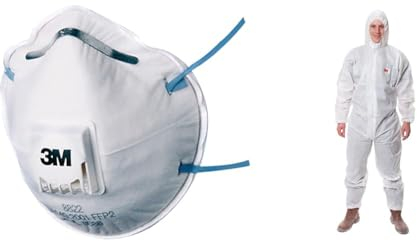 3M Atemschutzmaske Serie 8000 8822 FFP2 NR D mit Cool-Flow Ausatemventil bis zum 10-fachen des Grenzwertes & 4515 Schutzanzug, Typ 5/6, Größe L, Weiß