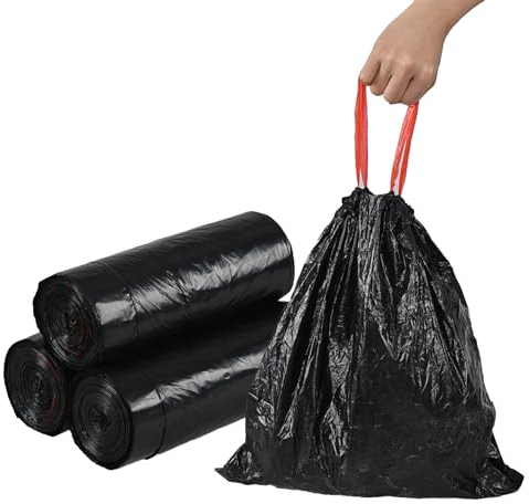 Wakikini 10L Drawstring Bin Liners, Heavy Duty Bin Bags, Plastic Trash Bags with Tie Tape, 110 Counts/3 Rolls