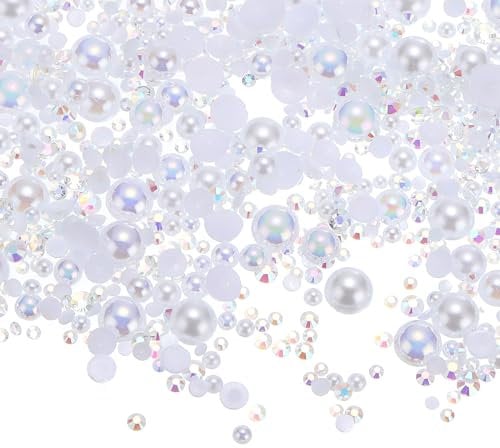 sourcing map 30g Flatback Pearls and Rhinestones 3mm-10mm Mixed Resin Half Pearl Rhinestone for Crafting Nails Clothing Shoes DIY Crafts Decoration White