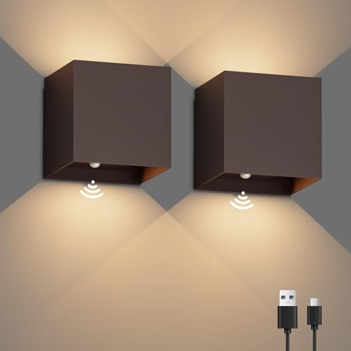 K-Bright 2PCS Akku Wandleuchte mit Bewegungsmelder Innen, 5W LED Akku Wandlampe Up Down Design Einstellbarer Abstrahlwinke für Wohnzimmer,Schlafzimmer Balkon, Flur,Treppen (Bronze)