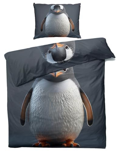 MOBEITI Pinguin Bettwäsche 155x200, Tiere Wendebettwäsche, Weiche Kuschelige Mikrofaser Bettbezug Set 2teilig, 1 Kissenbezug 80x80, mit Reißverschluss -MO&344