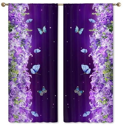 Curtain Lila Butterfly Blackout Curtain Weich Vorhang mit ösen Waschbar Gardinen Wohnzimmer Blackout Vorhang Curtains Living Room Scheibengardinen Verdunklungsvorhänge Vorhänge 2x140x160cm