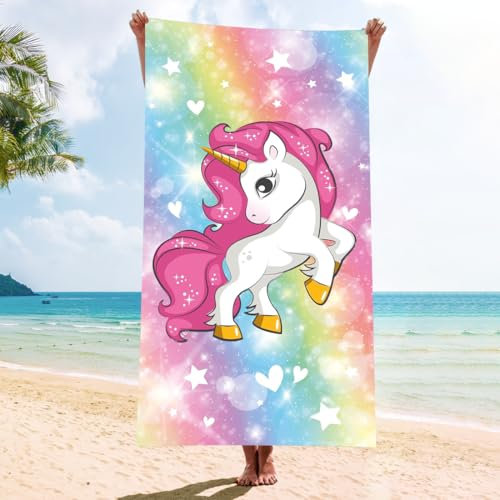 Philoctes Serviette de Plage Licorne, 75 x 150cm Serviette de Bain Filles, Drap de Plage Microfibre, Cadeau Anniversaire Été Thanksgiving Noël Garçons Filles