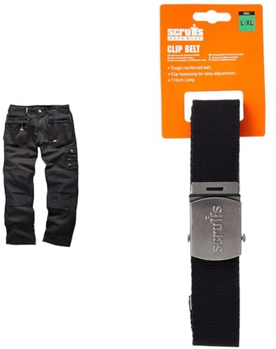 Scruffs Worker Plus Trouser Black 34S (T51789) & T50304 Cotton Adjustable Clip Belt Black One Size