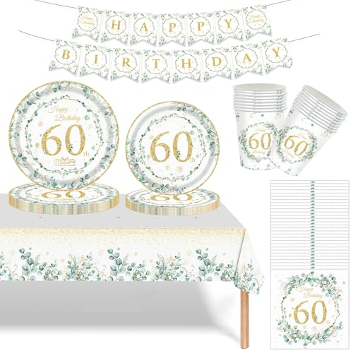 Sage Green 60th Birthday Party Tableware,70pcs 60th Birthday Dinnerware Sage Green Eucalyptus Paper Plates Cups Napkins Tablecloth and Happy Birthday Banner for 60 Years Old Birthday Party Supplies
