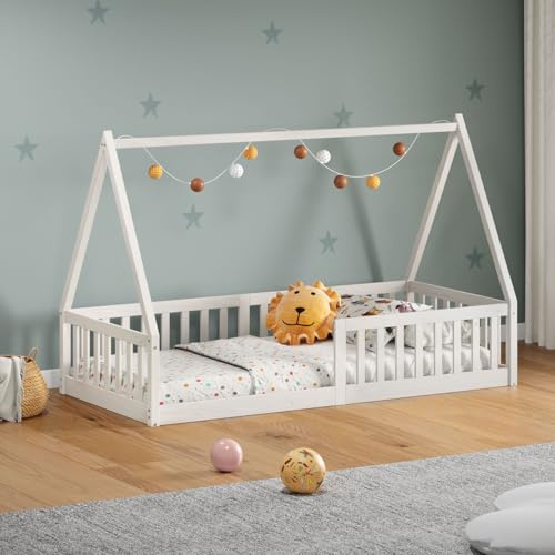 IDIMEX Hausbett Nicolas 90 x 190 cm weiß - bodentiefes Kinderbett inkl. beidseitigem Rausfallschutz, Montessori Bett aus Massivholz