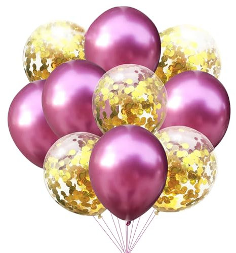 KOBOKO Luftballons Pink Set, 10 Stück Rosa Luftballons Konfetti Gold Geburtstagsdeko, Rosa Ballons Metallic Geburtstag Deko, Ballons Pink Goldene Hochzeit Deko, Pinke Luftballons für Mädchen Damen