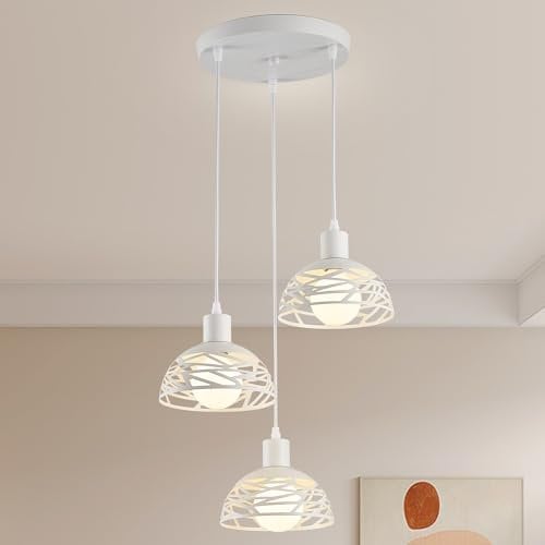 Lampadario a Sospensione Moderno Industriale, 3 Luci Lampade a Sospensione E27 in Metallo RitagliatoØ18, Regolabile in Altezza per Camera da letto Sala da Pranzo Soggiorno (Bianco)