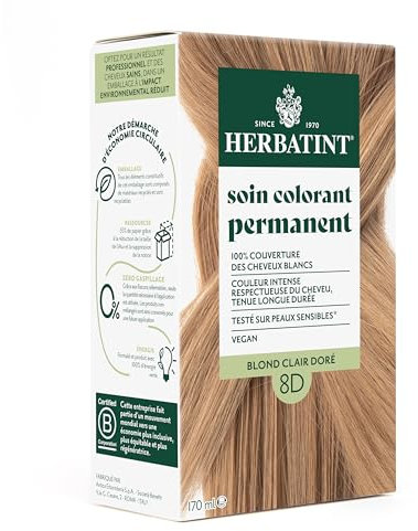 Herbatint Soin Colorant Permanent Cheveux 8D Blond Clair Doré - 170 ml | Sans Ammoniaque, 100% Couverture Cheveux Blancs | Testé Dermatologiquement pour Peaux Sensibles, avec 8 Extraits Végétaux Bio