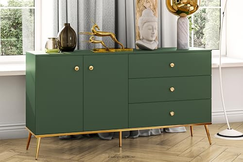 Konsimo Kommode ARICIA 160x85x40 cm - Modern Kommode mit Schubladen und Regale - Elegant Sideboard auf hohen Beinen fur Wohnzimmer und Schlafzimmer - Grün/Gold