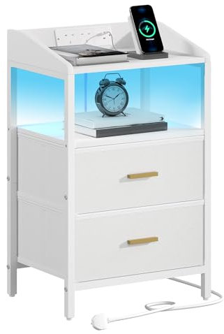 Hzuaneri Bedside Table with LED Lights and Charging Station, Bedside Cabinet with 2 Fabric Storage Drawers, Nightstand with USB Ports & TypeC for Bedroom, Livingroom, White NS36113W