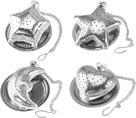 4-Piece Stainless Steel Tea Strainer Set | Fine Mesh Tea Infusers for Loose Leaf Tea with Chains & Drip Tray | Tea Ball & Leaf Strainers for Hot or Iced Tea