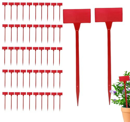Pflanzenschilder zum Beschriften 50-Stück Draussen Pflanzenstecker Kunststoff, Pflanzschilder Schilder für Garten, 3x6CM T-Typ Wetterfest für den Gemüsegarten (Rot)
