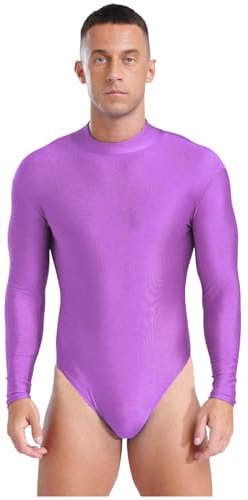 dPois Herren Gymnastik Body Langarm Turnbody Gymnastikanzug Trikot Leotard Bodysuit Einfarbig Training Workout Sport Outfit Violett XXL