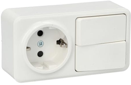Jandei - Mecanismo Superficie Policarbonato Blanco, 250V (Doble Interruptor 2 circuitos + Enchufe Schuko)