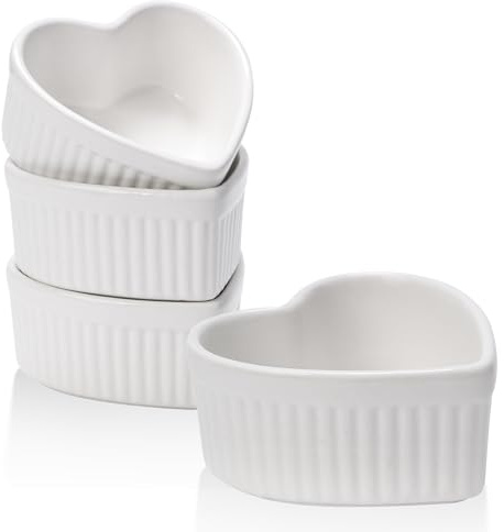VanEnjoy 4 pack 5oz Heart Shaped Ramekins Ceramic Bowl Bakeware for Souffle Creme Brulee Oven and Dishwasher Safe Baking Dishes Cute White Cookware for Kitchen