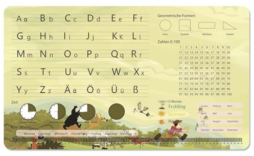 Schreibtischunterlage für Kinder Tierwald Abenteuer ABC Lernen Schreibtischunterlag 70 x 40cm Doppelseitige PU-Leder Mauspad Abwischbar öl- und schmutzabweisend für Junge Mädchen Schule Zuhause Büro