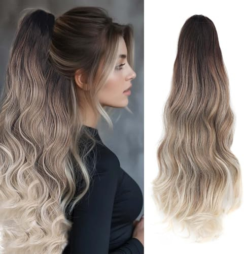 Cybelleza Clip in Ponytail Extensions Zopf Haarteil 45cm Claw Pferdeschwanz Haarverlängerung wie Echthaar Gewellt Lockig Kunsthaare Lang Haar Hitzebeständig, Braun Ombre Blond mix Braun