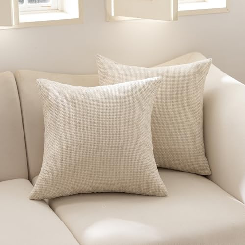 HOSHEN HOME Kissenbezug 40x40cm Creme Chenille Gestreift Kissenbezüge | 2er Set Dekokissen Sofakissen Couchkissen Zierkissenbezug Wohnzimmer Kissenhülle für Sofa Wohnzimmer Schlafzimmer Balkon Büro