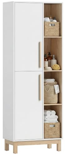 HOMCOM Badezimmerschrank Hochschrank 2 Türen 62,5 x 35 x 176 cm Weiß | 4 Offenen Ebenen, Verstellbaren Regalen, Badschrank, für Badezimmer, Wohnzimmer