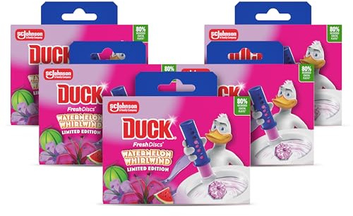 Duck Fresh Discs Toilet Cleaner Starter Kit, Fights Stains That Harbour Germs, Prevents Limescale Build Up, Watermelon Whirlwind, Pack of 5 (Each Kit Contains 1 Holder + 1 Refill Tube)