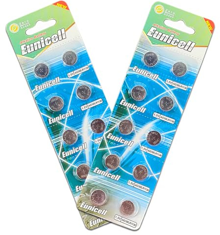 Pack of 20 - LR1130/AG10 Eunicell 1.5V Button Coin Cell Alkaline Batteries - Suitable for use in LED lights, Digital Voice Recorders, Toys, Blood Glucose, Cholesterol Testing, Meters, Toys
