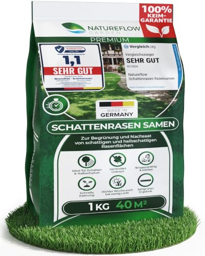 Schattenrasen Samen Rasensamen Schnellkeimend 1kg - TEST SEHR GUT - 100% Keimgarantie - Grassamen für schattige Flächen - Sommer Nachsaat Rasensaat & Neuanlage 40m² - Made in Germany