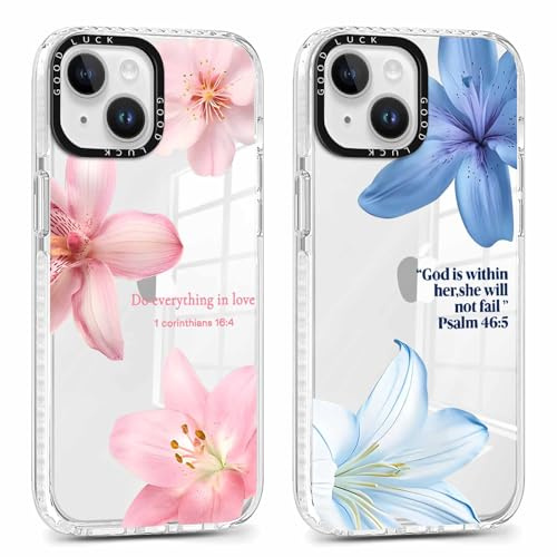 Vulfwela 2 Pack Cute Lily Flower Clear Christian Summer Phone Case for iPhone 14 / iPhone 13 6.1'', Aesthetic Jesus Bible Verse Floral Design Girls Women Shockproof Soft Slim Bumper Protection Cover